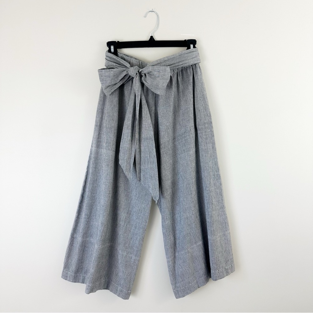 Par en Par Tie Waist Culotte Small Pinstripe Wide Leg Lightweight Cotton Belted